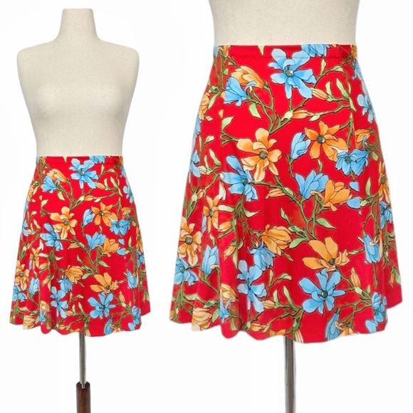 1970s Vintage Mini Skirt 70s Orange Blue Skater Funky Flower Power Small ILGWU - Picture 1 of 4